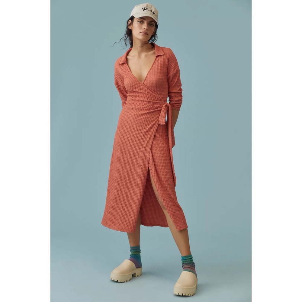 Anthropologie Waffle Wrap Dress Long Sleeve Orange Midi Boho Spring Summer